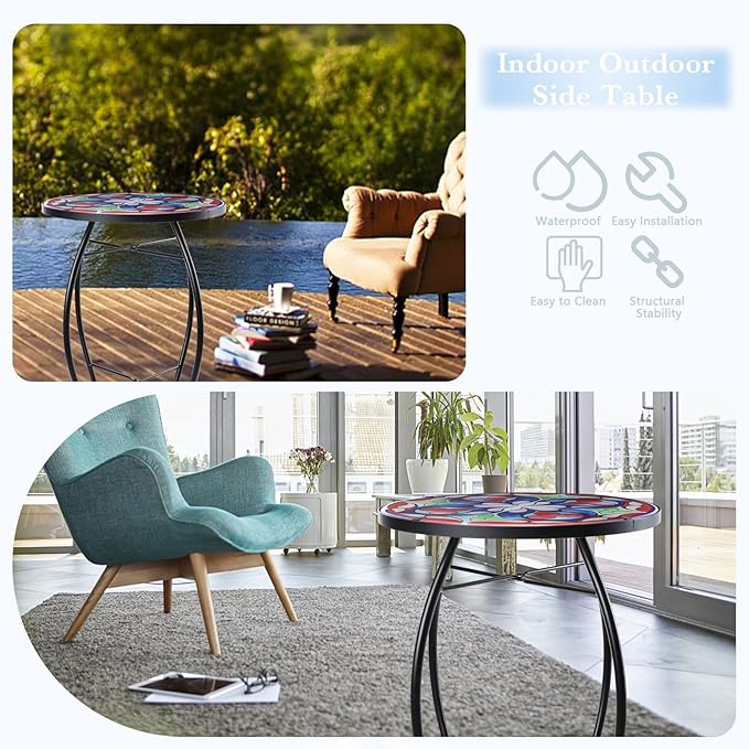 MUMTOP Side Patio Tables-Mosaic Outdoor Side Table - 14’’ Symmetrical Pattern Glass Accent Round End Table, Plant Stand Indoor Small Coffee Table for Garden or Living Room Decor