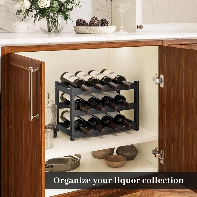 Wine Rack,Bamboo Wine Storage Cabinet Shelf,Countertop Wine Shelf- Freestanding Wine Holder for Kitchen & Pantry (Black, 3-Tier)