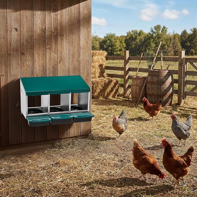 Metal Chicken Nesting Box,3 Compartment Nesting Box for Laying Eggs,Cleanable Pull Out Hen Roosting Boxes,Wall Mount Chicken Brooder Boxes,with Perch,for Hens Gooses Ducks Poultry Farms (Green)