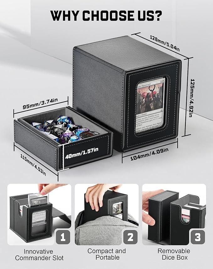 ZLCA MTG Commander Deck Box with Display Window, Card Deck Box Holds 100 Double-Sleeved with Dice Tray & 35pt Magnetic Card Holder (Black&Grey)