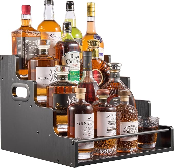 YQBRAO 4-Tier Liquor Bottle Display Shelf, Coffee Syrup Rack Organizer, Water Bottle Organizer, Mini Bar Cabinet, Rustic Bar Shelves for Liquor Whiskey, Spirits(Black)