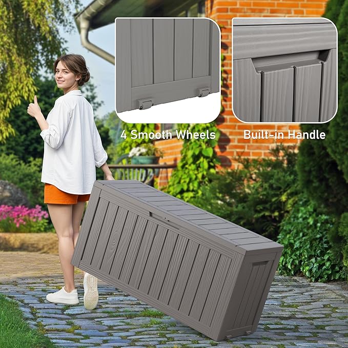 NUNU LAB 76 Gallon Deck Box, Large Resin Outdoor Storage Box, Waterproof Patio Storage Container with Double Wall Panels for Cushions, Garden Tools, Pool Toys, and Packages,Grey