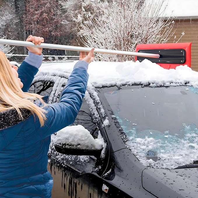 Never-Scratch SnowBuster | 19-Foot Snow Roof Rake(Up to 25Ft Standing Reach) | Heavy-Duty Aluminum|EVA Soft Foam Pad Snow Removal Tool|S-Shaped Push/Pull Design for House Roofs, Solar Panels