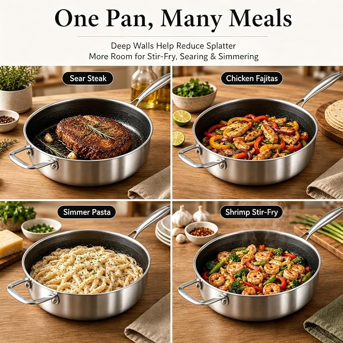 DELARLO Tri-Ply Stainless Steel 12 Inch Deep Frying Pan with lid,7QT Saute Pan Nonstick,Compatible with All Cooktops,Oven Up to 660℉,Chicken Fryer,Dishwasher-Friendly