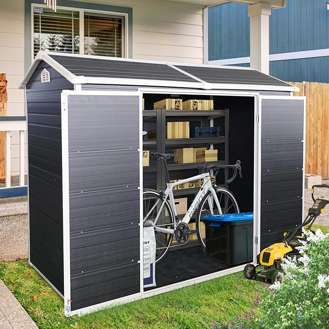 8x4 FT Outdoor Storage Shed, Resin Garden Shed with Thick Floor, Plastic Storage Shed with 2 Windows, Waterproof Outside Tool Shed with Lockable Hinged Doors for Backyard, Patio, Lawn, Black