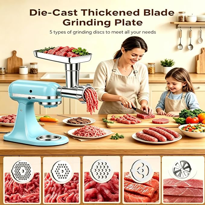 100% Stainless Steel Meat Grinder for KitchenAid Mixer, Dishwasher Safe | Includes 3 Sausage Stuffer Tubes & 4 Grinding Plates, Anti-Corrosion Polished Design(Not include the KitchenAid Mixer)