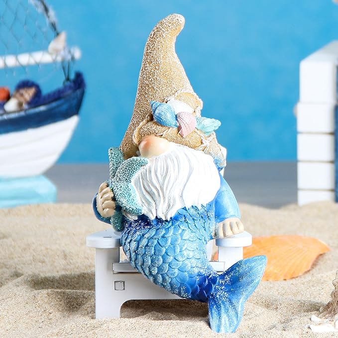 Leekung Mermaid Garden gnome Statue Outdoor Decor,Mermaid gnome Figurine for Outside Indoor Patio Lawn Yard Porch Shelf Bookshelf Edge Table windowsill Decoration,Beach Ocean Sculpture