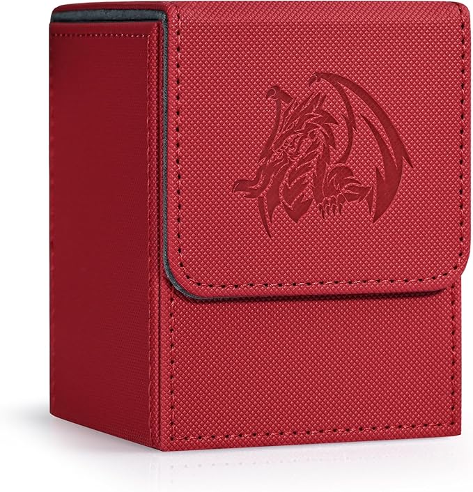 ZLCA Card Deck Box for Trading Cards with 2 Dividers, Card Storage Box Fits 100+ Single Sleeved Cards, PU Leather Strong Magnet Card Deck Case Holder for Magic Commander TCG CCG (Red,Emperor Dragon)