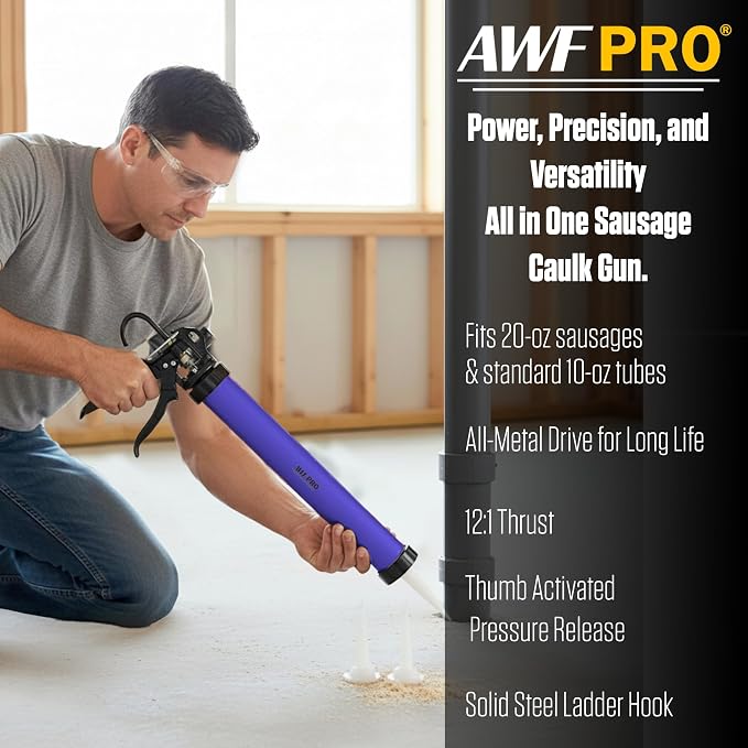 AWF PRO Sausage Caulking Gun 20 oz, 12:1 Thrust Ratio | 20 oz Foil Pack and 10 oz Cartridge Convertible, Aluminum Barrel, Includes 3 Tips