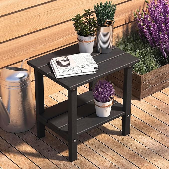 OTSUN Weather Resistant Outdoor Side Table, Adirondack HDPE Small Outdoor Table, 2-Tier Small Patio Tables for Outside or Indoor, Black