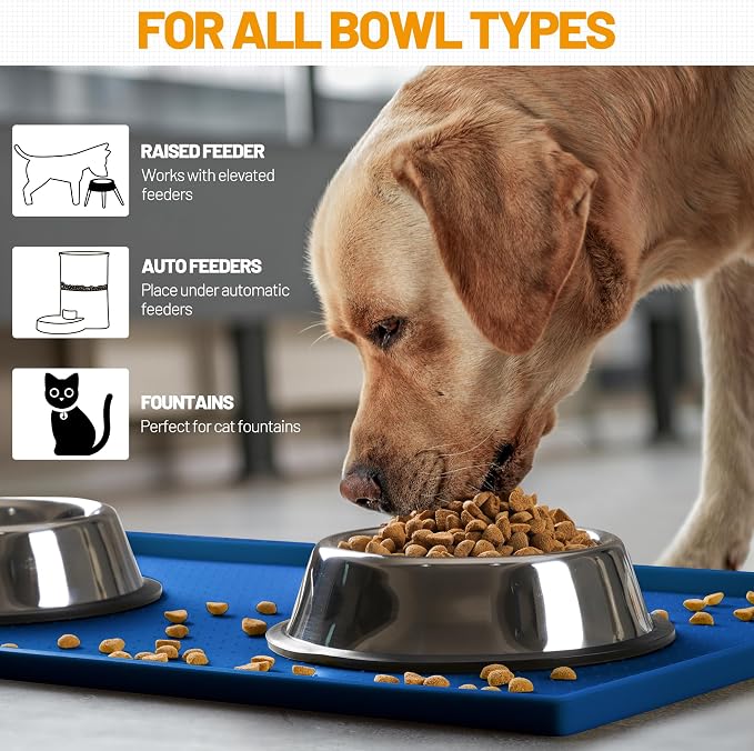 Hubulk Dog Feeding Mat,100% Waterproof Food Grade Silicone Pet Food and Water Bowl Placemat,Dishwasher, High Raised Edge to Prevent Spills,Nonslip Tray to Stop Messes on Floor (19"x12"x0.5", Navy)