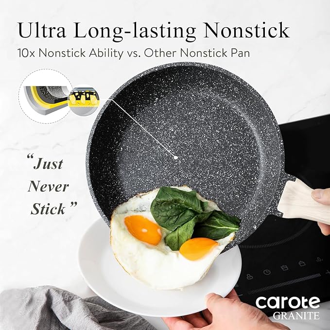 CAROTE Non Stick Frying Pan, 8 Inch Classic Granite Skillet with Glass Lid | Non Toxic Kitchen Cookware, Compatible with All Stovetop, PFOA Free