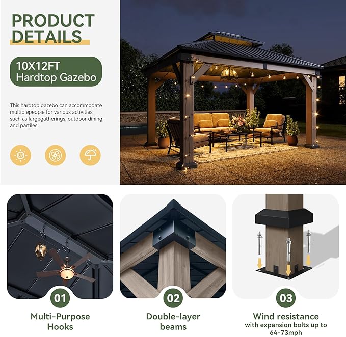 Aoxun 10' x 12' Outdoor Wood Gazebo, Hardtop Gazebo Permanent Wooden Pavilion with Galvanized Steel Double Roof, and LED Outdoor Waterproof Hanging Lights, for Patio, Garden, Deck, Cedar Wood