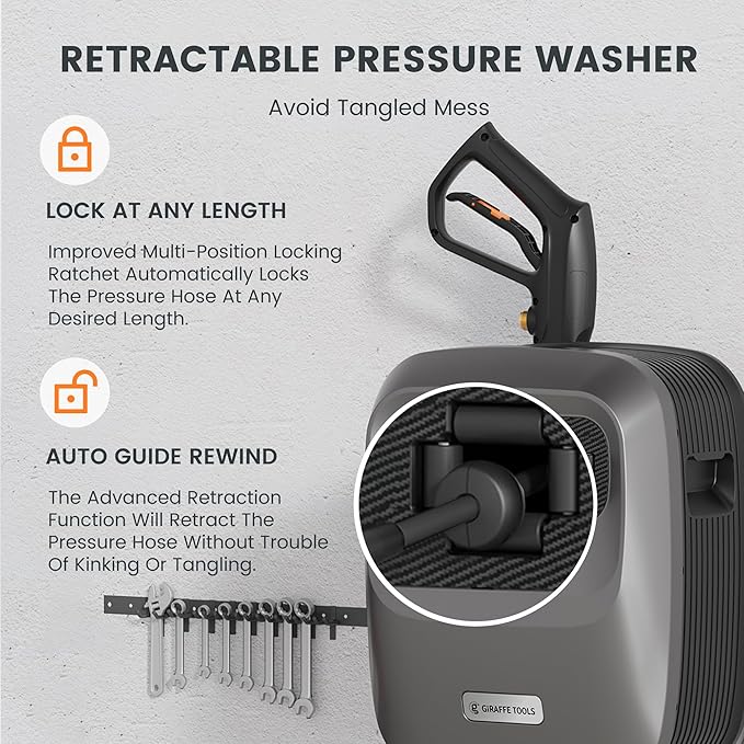Giraffe Tools Grandfalls Retractable Pressure Washer G20B, 2500 PSI 2.2 GPM, Wall Mounted Power Washer with 65FT Hose Reel, Black Pressure Hoses, 4 Nozzles for Floor/Cars/Fences/Patios, Dark Silver