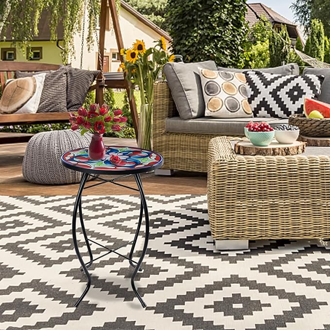 MUMTOP Side Patio Tables-Mosaic Outdoor Side Table - 14’’ Symmetrical Pattern Glass Accent Round End Table, Plant Stand Indoor Small Coffee Table for Garden or Living Room Decor