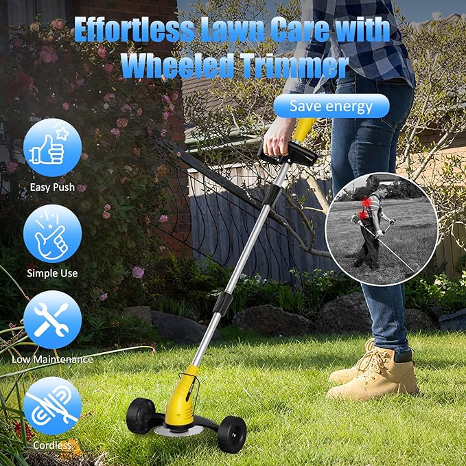 Electric Weed Wacker Cordless: String Trimmer with Roller 2Types Blades - 2.0Ah 12V Battery Powered Lightweight Grass Cutter/Mower for Yard and Garden, Yellow