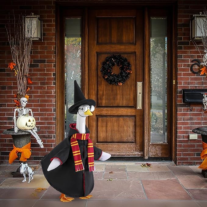 4 Pcs/Set Halloween Witch Goose Outfits, Lawn Porch Goose Statue Wizard Costume, Garden Goose Witches Clothes with Hat Scarf Glasses for 23" Statue Halloween Fall Christmas Outdoor Patio Yard Decor