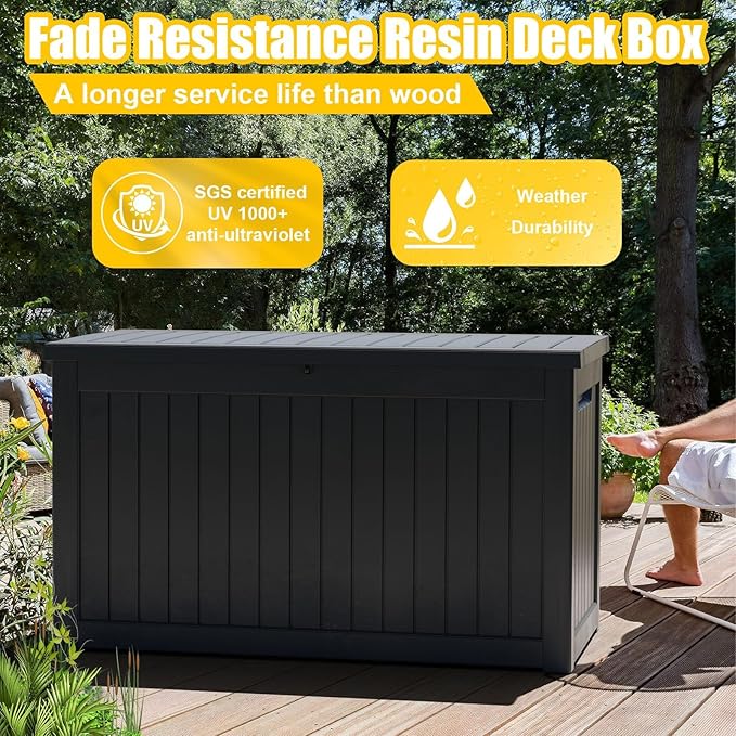 280 Gallon Resin Deck Box, Lockable Outdoor Storage Box for Patio Cushions Storage Furniture,Garden Tools, Pool Supplies, Weatherproof and UV Resistant(Black)