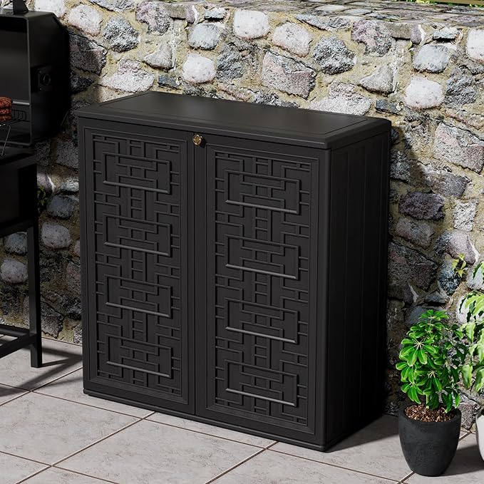 Outdoor Storage Cabinet Waterproof with Shelf,Resin Storage Sheds Outdoor Cabinets for tub towels/chemicals/grill items/Patio/Garden/Backyard, Size 34.3''L*15''W*36.2''H(Black)