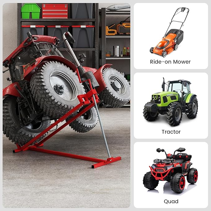 Goplus Lawn Mower Lift, 880LBS Folding Riding Mower Lift Jack with Adjustable Height, Manual Handle, Rotating Sleeve, Heavy Duty Lawn Tractor Lift, Zero Turn Mower Lift for Garden Farm, No Assembly