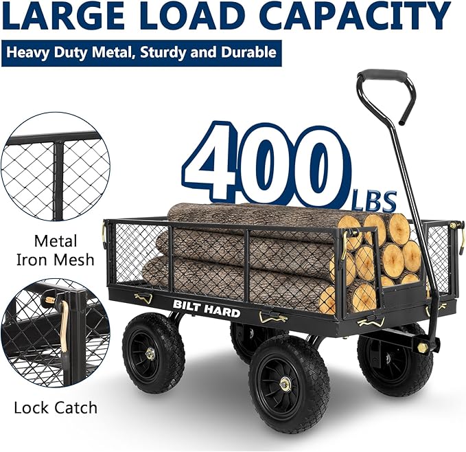 BILT HARD 10" Flat Free Tires Heavy Duty Garden Cart with 180° Rotating Handle and Removable Sides, 4 Cu.Ft 400 lbs Capacity Utility Steel Wagons for Outdoor