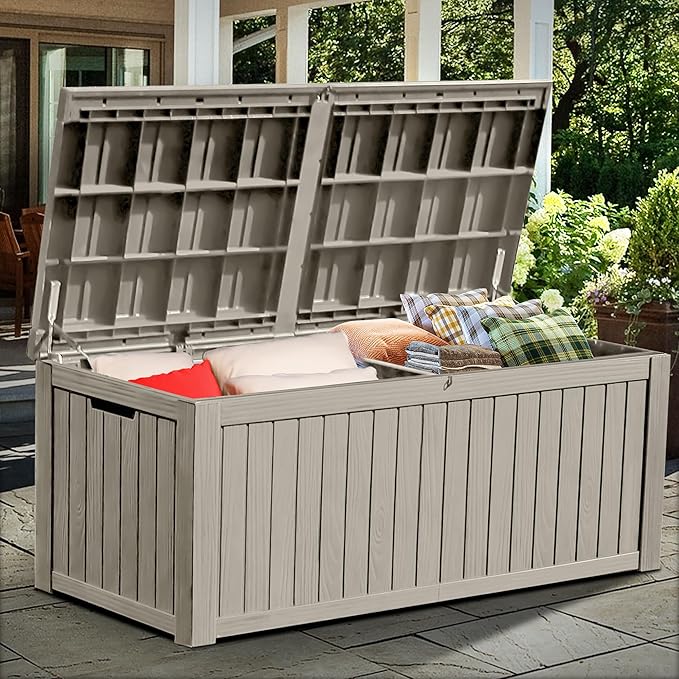 YITAHOME 150 Gallon Large Deck Box w/Divider, XL Waterproof Outdoor Storage for Patio Furniture,Outdoor Cushions, Garden Tools, Sports Equipment and Pool Supplies, Resin, Lockable, Taupe