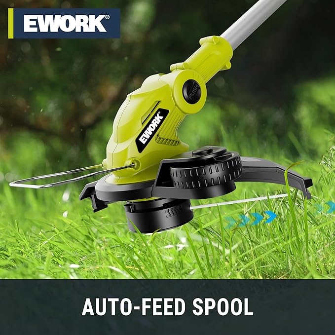 EWORK 20V Electric Weed Wacker 12-Inch Trimmer and Edger with Auto Line Feed, Cordless String Trimmer with 2.0Ah Battery and Charger & 6 Replacement Spools for Lawn, Garden, Yard, etc