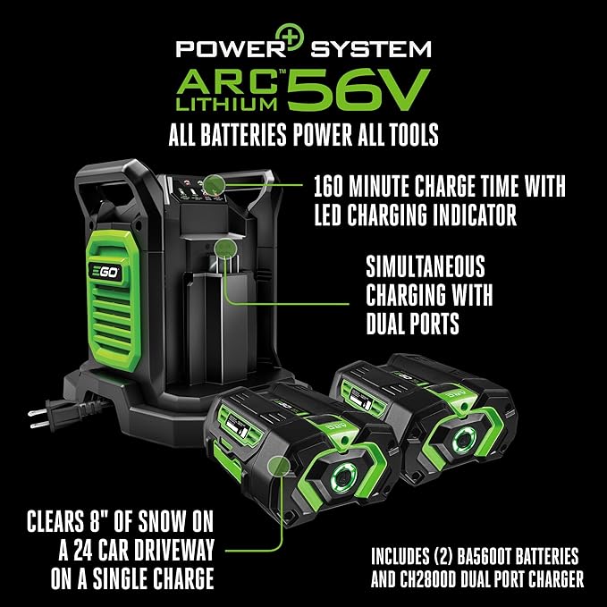 EGO Power+ 24" Electric Snow Blower, Cordless Self-Propelled 2-Stage XP, Includes (2) 56 V 10.0Ah Batteries and Dual Port Charger - SNT2416