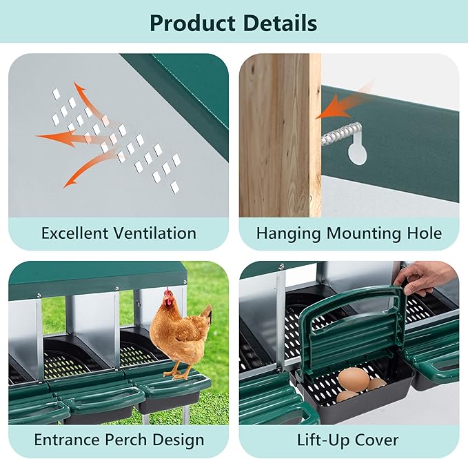 Chicken Nesting Box, 4 Compartment Roll Out Hens Nest Boxes with 4 Legs, Chicken Laying Box w/Lid Cover for Outdoor Chicken Coop Cages Farm Yard, Green (4 Holes w/Legs)