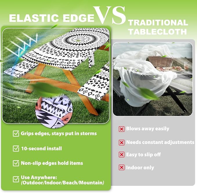 Fitted Picnic Table Cover with Bench Covers Waterproof Elastic Edges Rectangle Patio Tablecloth Outdoor Camping Essentials Stuff Rv Accessories Summer Trip Travel Supplies Party Camper Gifts, 8 ft
