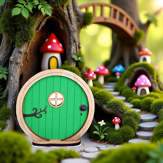 1Pc Fairy Garden Door for Tree, Fairys Doors for Trees Outdoor and Tree Trunk, Mini Fairy Garden Sculpture Lawn Ornament Decor, Fairys Tales Door Decoration,Gardens Miniatures (Green)