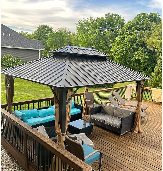 YOLENY 10' X 13' Hardtop Gazebo Galvanized Steel Outdoor Patio Gazebo Canopy Double Roof Pergolas Aluminum Frame with Netting and Curtains for Garden, Patio, Lawns, Parties