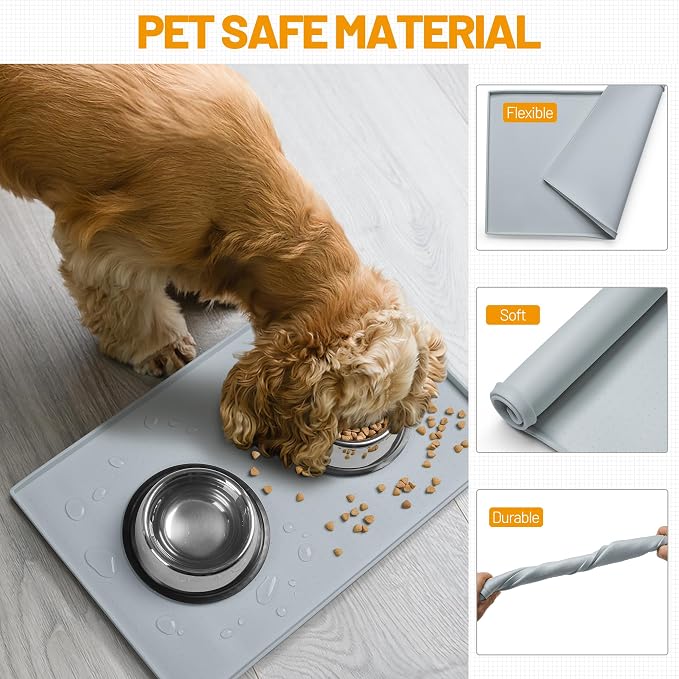 Hubulk Dog Feeding Mat,100% Waterproof Food Grade Silicone Pet Food and Water Bowl Placemat,Dishwasher, High Raised Edge to Prevent Spills,Nonslip Tray to Stop Messes on Floor(19"x12"x0.5", Mist)