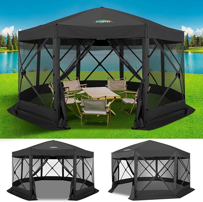 COBIZI 15x15ft Extra Large Pop-Up Gazebo Canopy Tent with Mosquito Netting, Spacious Easy Set-Up Screened Shelter, Durable Outdoor Pavilion with Ground Stakes, Perfect for Patio, Backyard,Black