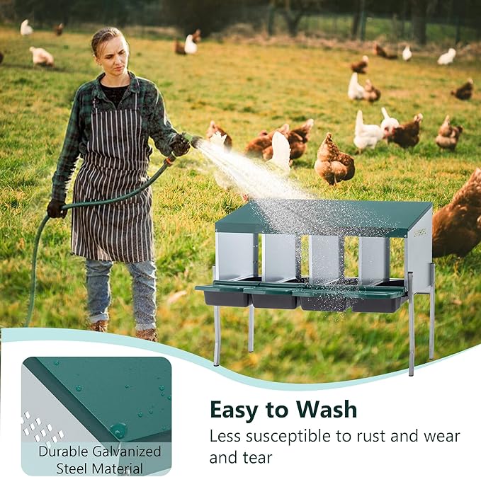 Chicken Nesting Box, 4 Compartment Roll Out Hens Nest Boxes with 4 Legs, Chicken Laying Box w/Lid Cover for Outdoor Chicken Coop Cages Farm Yard, Green (4 Holes w/Legs)