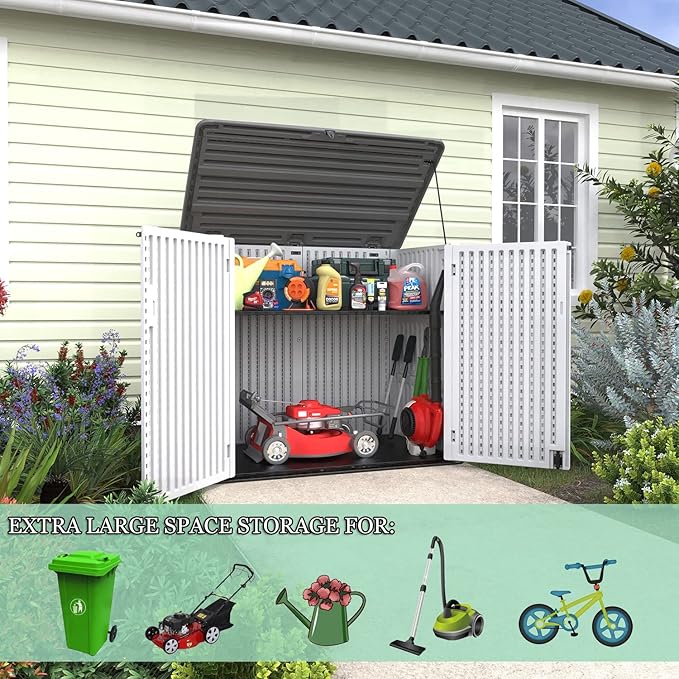 ADDOK 2SG Larger Horizontal Storage Shed Wood-Like, 4.4 x 2.8 ft Outdoor Storage Cabinet Lockable, Thick Resin Storage Unit for Trash Cans, Yard Tools(38 Cu.ft