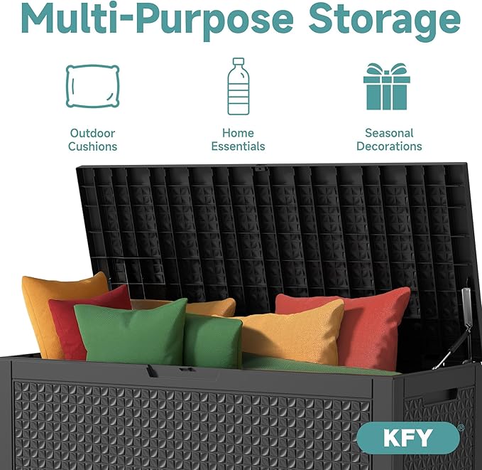 100 Gallon Waterproof Outdoor Storage Box, UV Resistant Resin Deck Box with Hydraulic Rod for Reinforced Stability, Perfect for Patio, Garden, and Pool, Quad Leaf Black