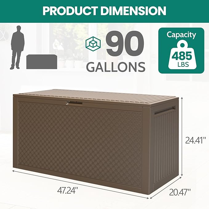 90 Gallon Outdoor Deck Box, Waterproof Outdoor Storage Box, Durable Resin Bin for Patio Cushions, Garden Tools and Pool Accessories, Lockable with UV Protection, Brown, Patio Furniture