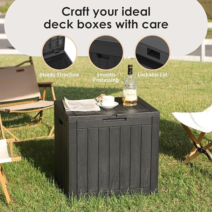 Vixzen 30 Gallon Resin Deck Box - Lockable Outdoor Storage for Patio Cushions, Garden Tools, Pool Supplies,Black