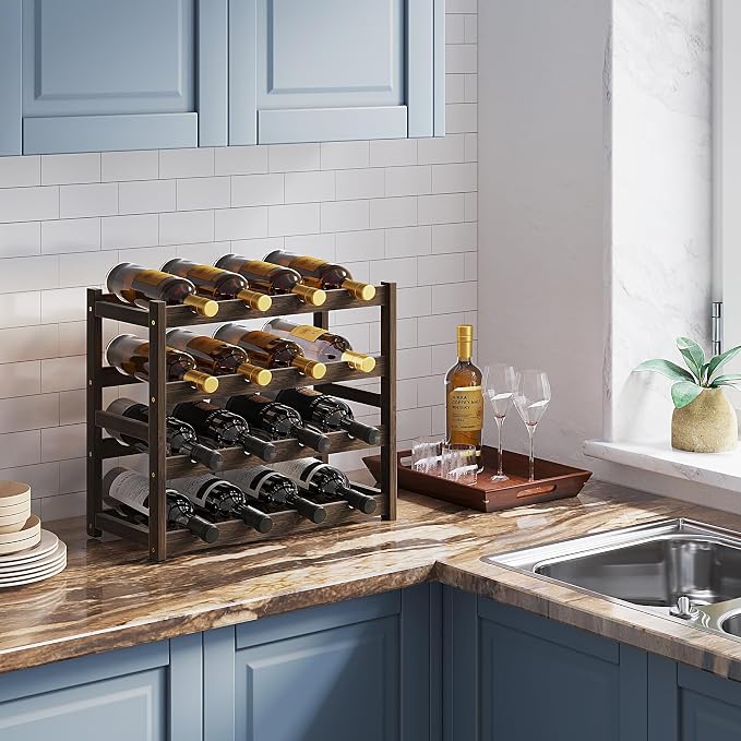 BAMEOS Bamboo Wine Rack Storage, 4 Tier Wine Racks Countertop, Wine Rack Freestanding Floor Wine Holder Cabinet for Kitchen, Bar, Pantry, Wine Cellar, Basement,Study (16.85 L x 9.25W x 17.24H)