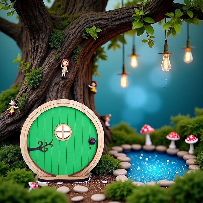 1Pc Fairy Garden Door for Tree, Fairys Doors for Trees Outdoor and Tree Trunk, Mini Fairy Garden Sculpture Lawn Ornament Decor, Fairys Tales Door Decoration,Gardens Miniatures (Green)