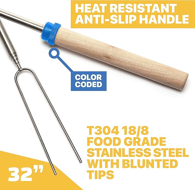 MalloMe Marshmallow Roasting Sticks - Smores Skewers for Fire Pit Kit - Hot Dog Camping Accessories Campfire Marshmellow 32 Inch Long Fork - 20 Pack