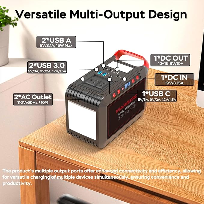 Portable Power Station 300W MARBERO 237Wh Camping Solar Generator Backup Lithium Battery with Pure Sine Wave 110V AC Outlet, USB C, USB A, DC for Outdoors Camping CPAP Home Blackout Emergency