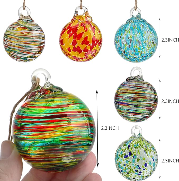 6 Pcs Blown Glass Ornaments Balls, 2.3inch Hand Blown Glass Christmas Ornaments for Tree, Hanging Gazing Ball Friendship Ball Witch Balls for Window Garden Home Decor for Women