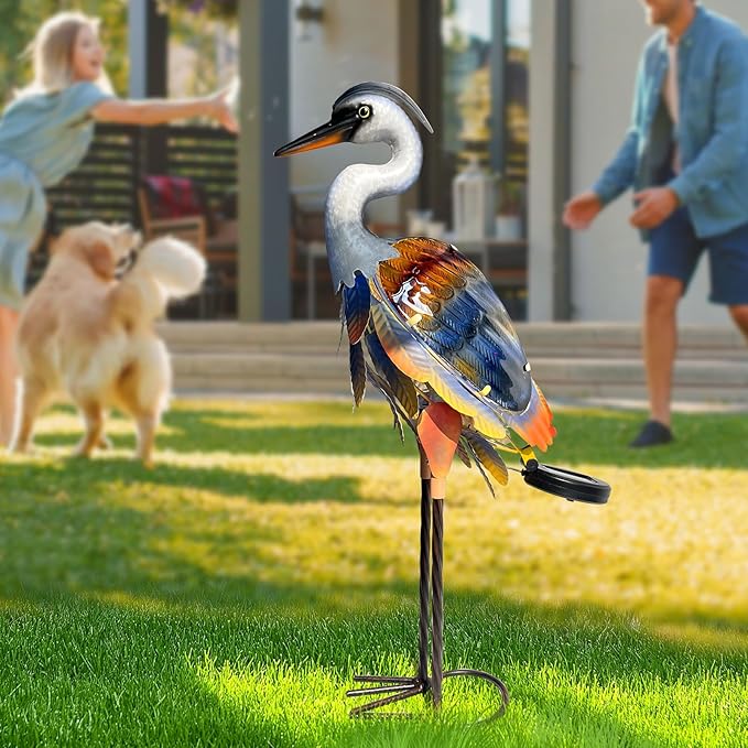 HONGLAND Solar Heron Metal Crane Statue Garden Heron Sculpture, Glass Outdoor Crane Yard Art Coastal Ocean Bird Decor 24 Inch Lawn Ornament for Backyard Porch Patio Decor(Purple)