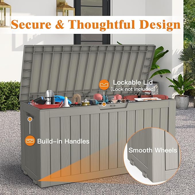 72 Gallon Outdoor Storage Box, Waterproof Deck Box with Handles and Lockable Lid, Resin Patio Storage Box with Hydraulic Rods for Garden Tools, Cushions, Grey