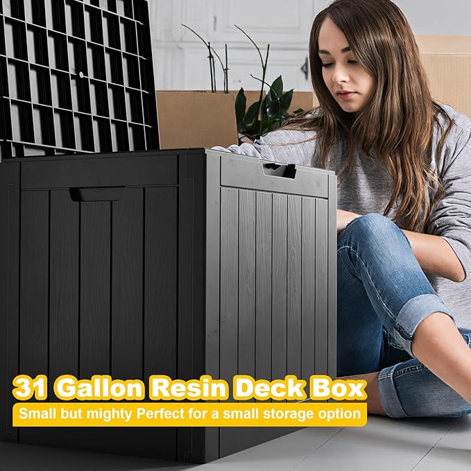 30 Gallon Deck Box,Resin Outdoor Storage Box with Lockable for Patio Furniture, Garden Tools Waterproof Outside Storage Box (Black)