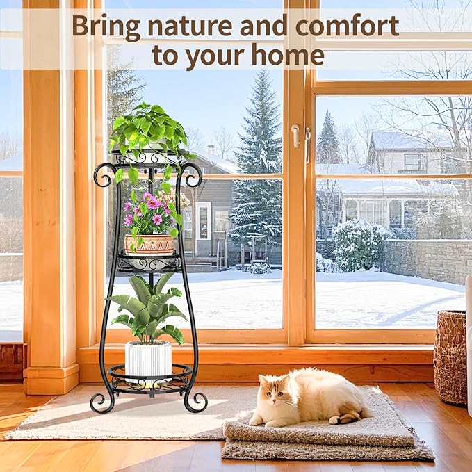 LASZOLA 3 Tier Black Metal Plant Stand for Multiple Large Planters Indoor Outdoor Organizer, Heavy Duty Tall Flower Stand for Corner Patio Bathroom Office, Modern Sturdy Vertical Iron Rack, Cat Proof