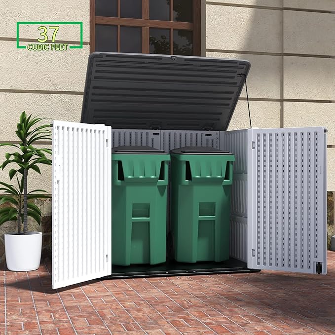 ADDOK 2SG Larger Horizontal Storage Shed Wood-Like, 4.4 x 2.8 ft Outdoor Storage Cabinet Lockable, Thick Resin Storage Unit for Trash Cans, Yard Tools(38 Cu.ft