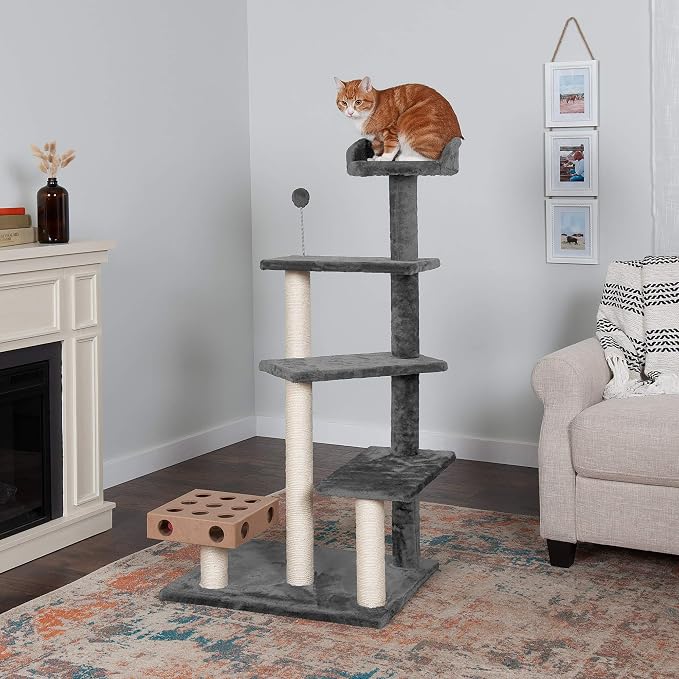 Furhaven 49.5" Tall Cat Tree for Indoor Cats, Ft. Sisal Scratching Posts, Plush Ball Toy, & Busy Box Toy - Tiger Tough Play Stairs Interactive Playground Tower - Gray, One Size